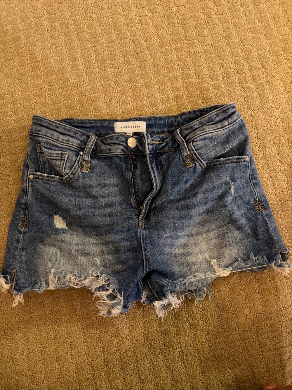 Risen Jeans Frayed Hem Distressed Blue Denim Shorts